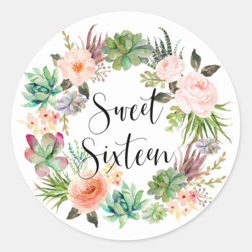 Boho Succulents Floral Wreath Sweet Sixteen Classic Round Sticker