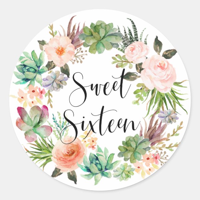 Boho Succulents Floral Wreath Sweet Sixteen Classic Round Sticker (Front)
