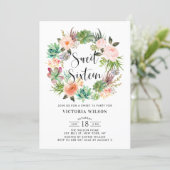 Boho Succulents Floral Wreath Sweet Sixteen Party Invitation (Standing Front)