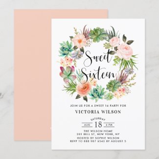 Boho Succulents Floral Wreath Sweet Sixteen Party Invitation