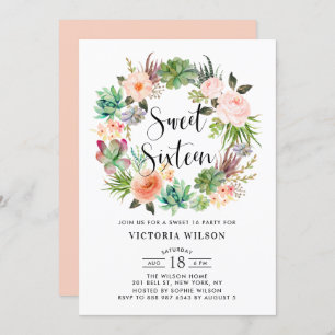 Boho Succulents Floral Wreath Sweet Sixteen Party Invitation