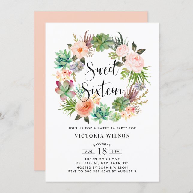 Boho Succulents Floral Wreath Sweet Sixteen Party Invitation (Front/Back)