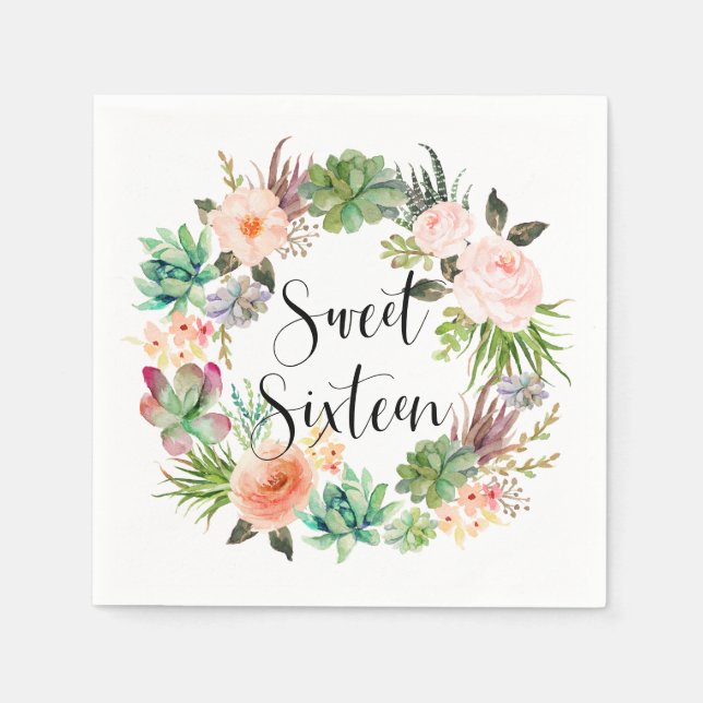 Boho Succulents Floral Wreath Sweet Sixteen Party Napkins (Front)