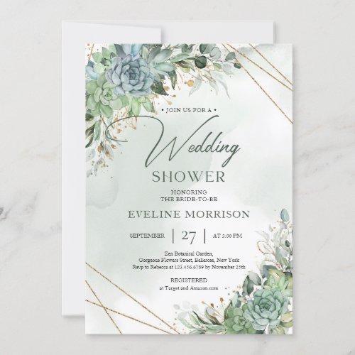 Boho succulents green eucalyptus wedding shower invitation