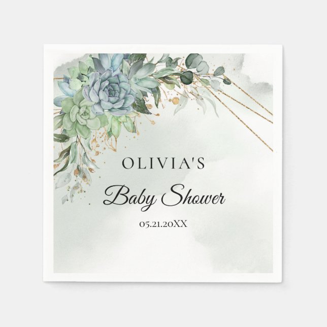 Boho succulents greenery gold frame Baby shower Napkins (Front)