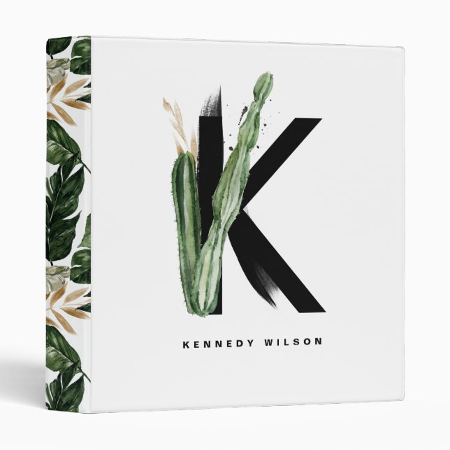 Boho Succulents Letter K Monogram Personalized 3 Ring Binder (Front/Spine)