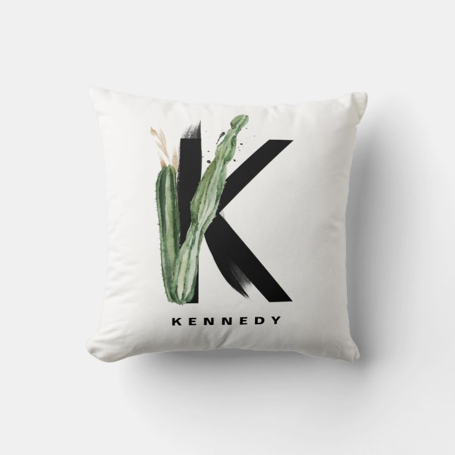 Boho Succulents Letter K Monogram Personalized Throw Pillow (Front)