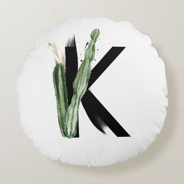 Boho Succulents Letter K Monogram Tropical Round Pillow (Front)