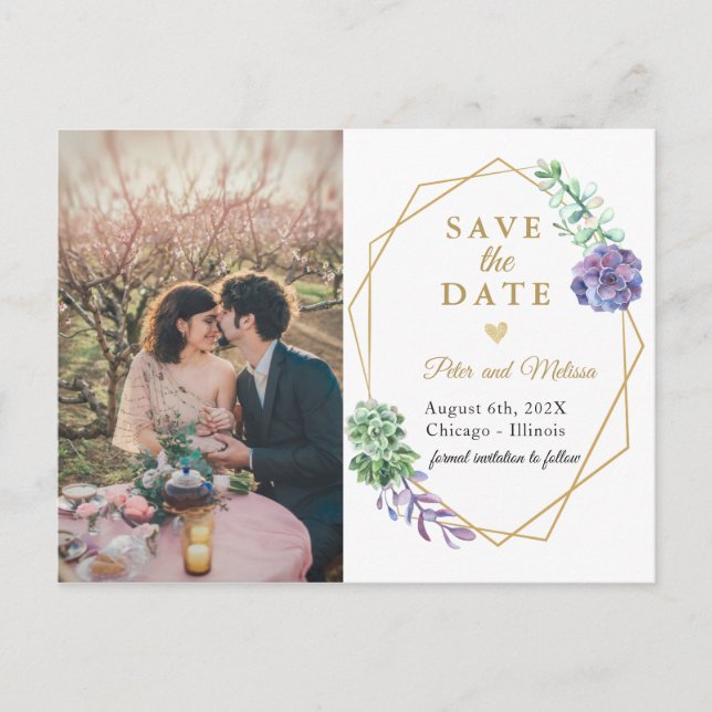 Boho Succulents save the date photo postcard (Front)