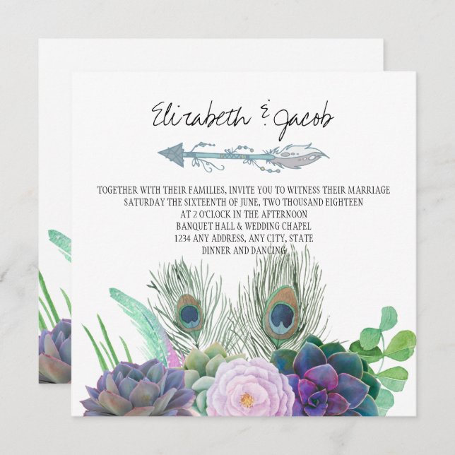 Boho Succulents Wedding Invitation (Front/Back)