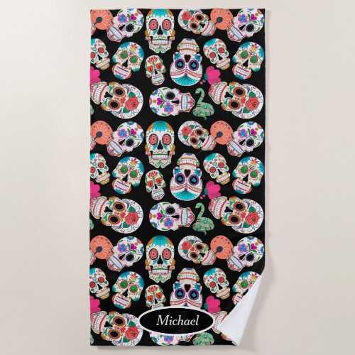 Boho Sugar Skulls on Black Beach Towel