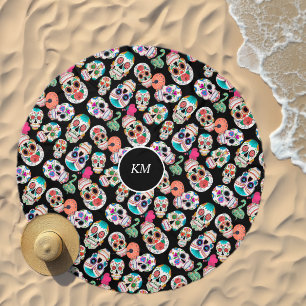 Boho Sugar Skulls on Black Monogram Beach Towel