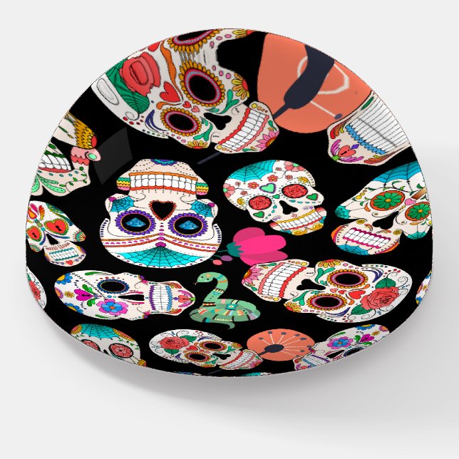 Boho Sugar Skulls on Black Paperweight (Angled)
