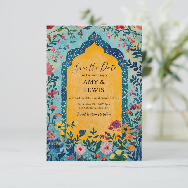 Boho Summer Blue Floral Save the Date Invitation (Standing Front)