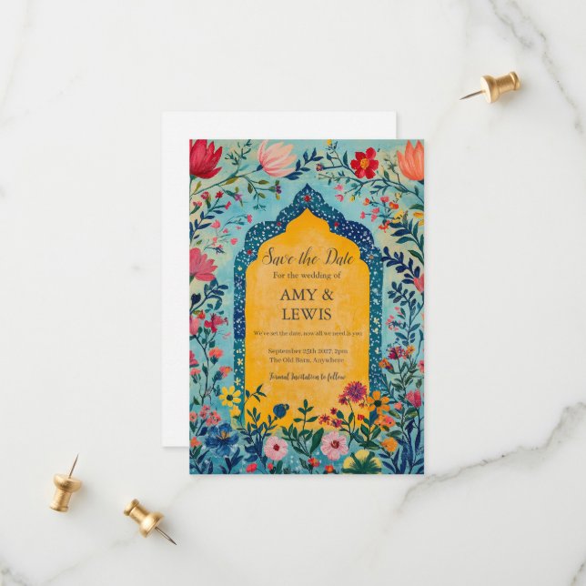 Boho Summer Blue Floral Save the Date Invitation (Front/Back In Situ)