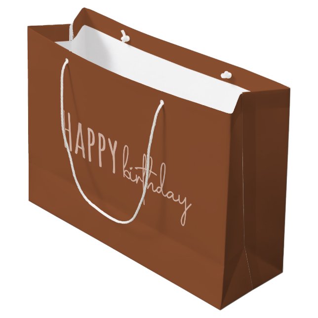 Boho Summer Brown Terracotta Trendy Happy Birthday Large Gift Bag (Front Angled)