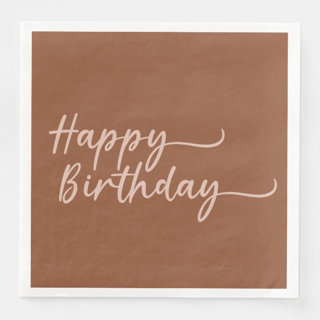 Boho Summer Brown Terracotta Trendy Happy Birthday Paper Dinner Napkins (Front)