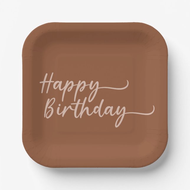 Boho Summer Brown Terracotta Trendy Happy Birthday Paper Plates (Front)