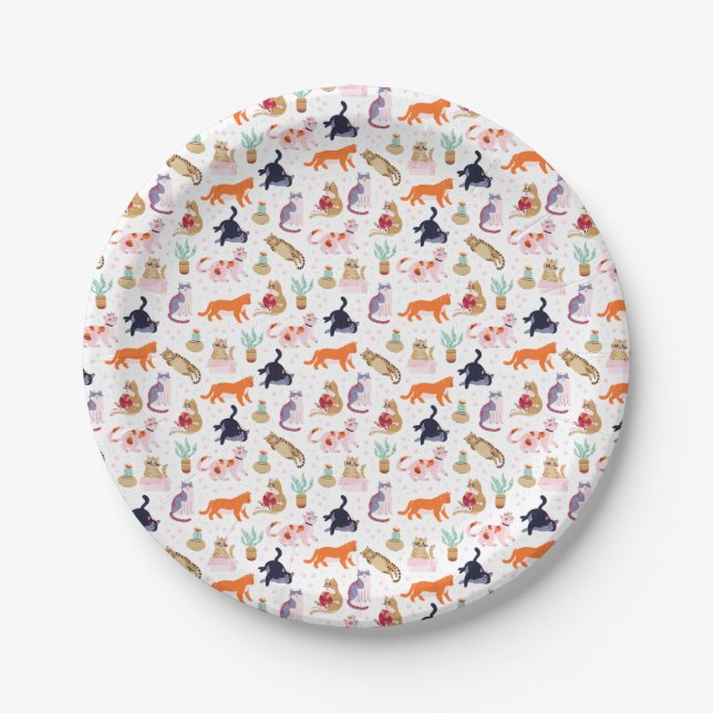 Boho Summer Cute Cats Green Cactus Paper Plates (Front)