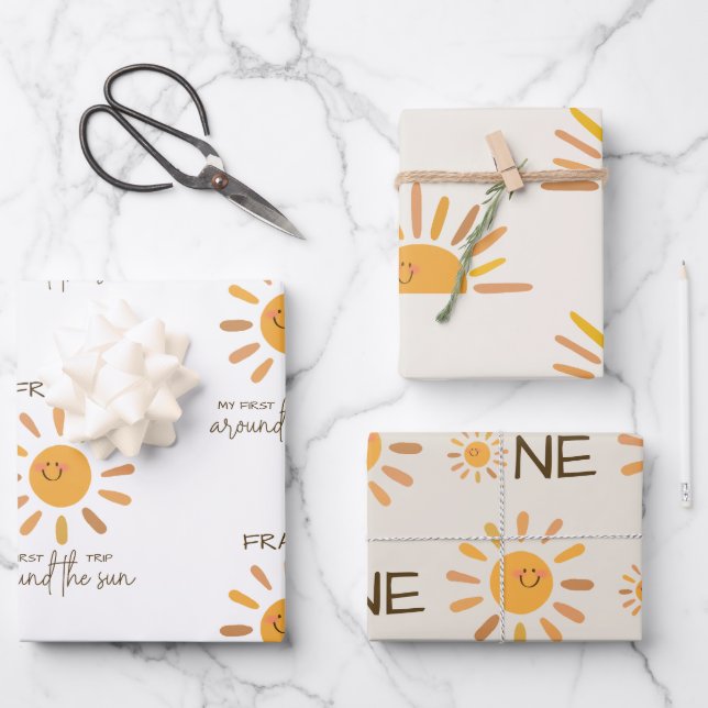 Boho Summer First Trip Around Sun Birthday Wrapping Paper Sheets (Front)