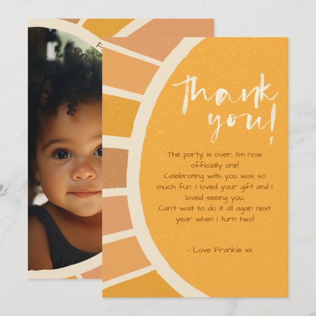 Boho Summer First Trip Around Sun Photo Birthday Thank You Card (Front/Back)