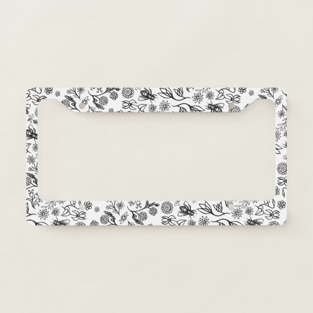    Boho Summer Floral Honey Bee Pattern White Cute License Plate Frame (Front)