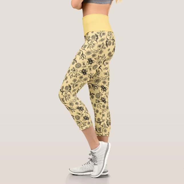   Boho Summer Floral Honey Bee Pattern Yellow Cute Capri Leggings (Left)