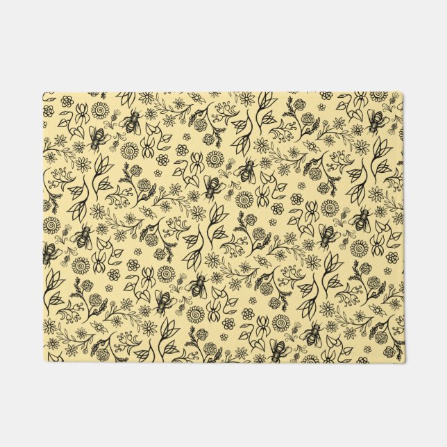   Boho Summer Floral Honey Bee Pattern Yellow Cute Doormat (Front)
