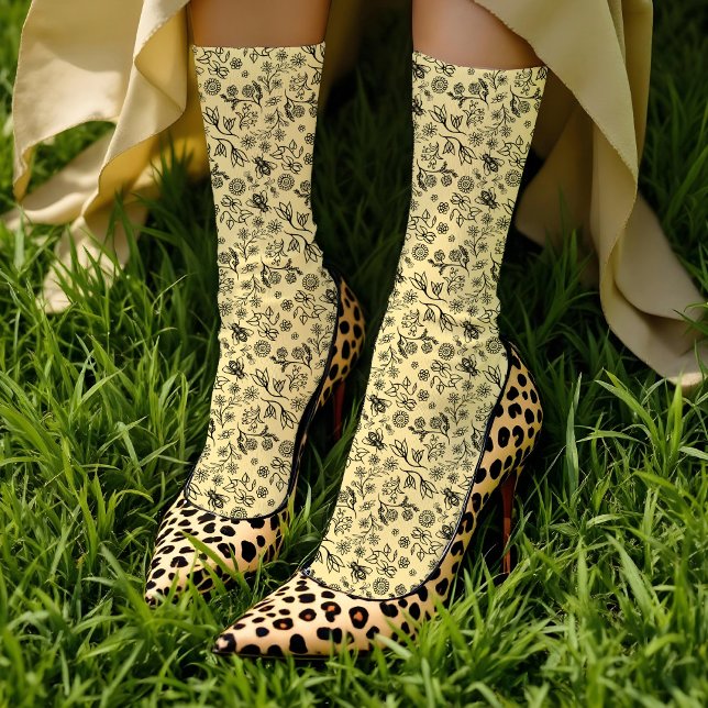  Boho Summer Floral Honey Bee Pattern Yellow Cute Socks (Creator Uploaded)