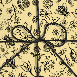 Boho Summer Floral Honey Bee Pattern Yellow Cute Wrapping Paper