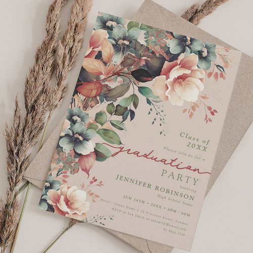 Boho Summer Garden Floral Graduation Champagne Invitation