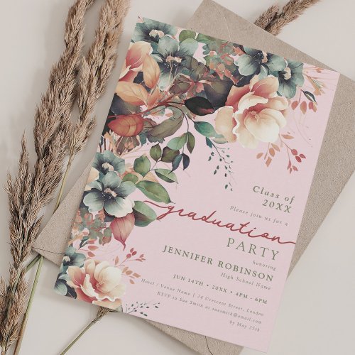 Boho Summer Garden Floral Graduation Party Blush Invitation