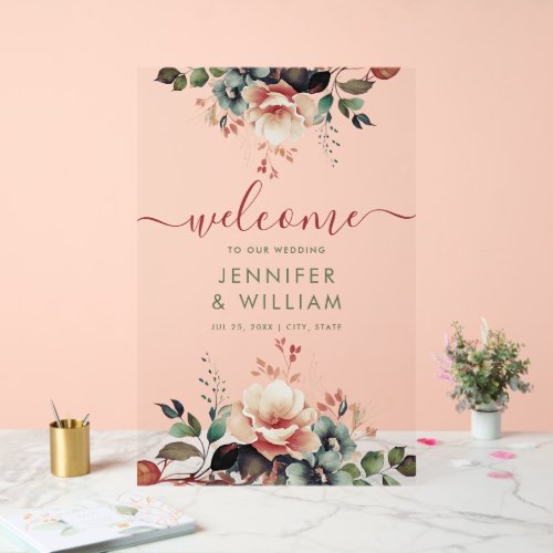 Boho Summer Garden Floral Wedding Welcome Acrylic Sign