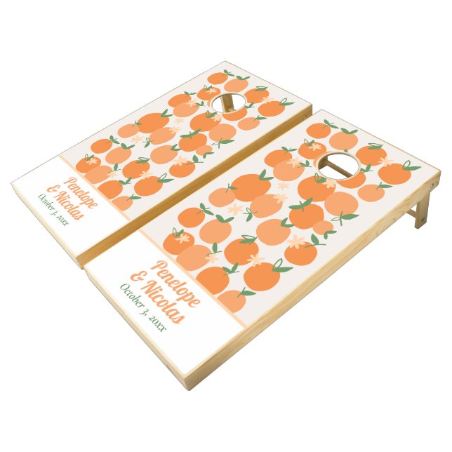 Boho Summer Orange Wedding Yard Game Cornhole Set (Angled)