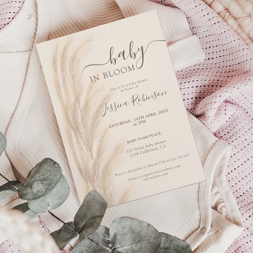 Boho summer pampas grass watercolor baby shower invitation