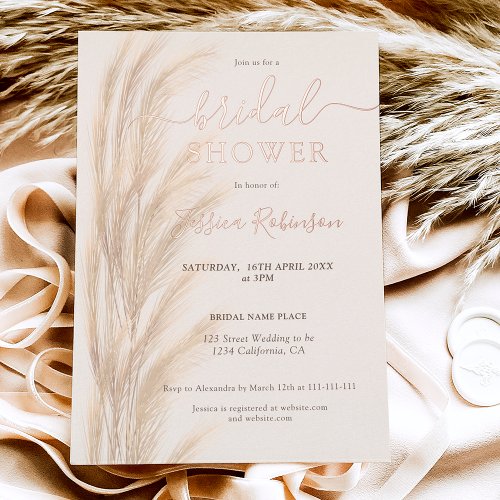 Boho summer pampas grass watercolor bridal shower foil invitation