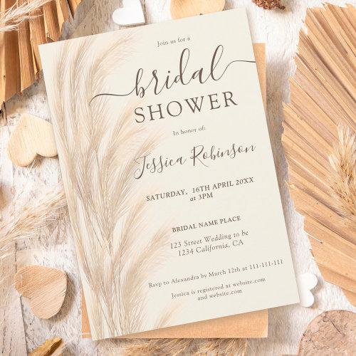 Boho summer pampas grass watercolor bridal shower invitation