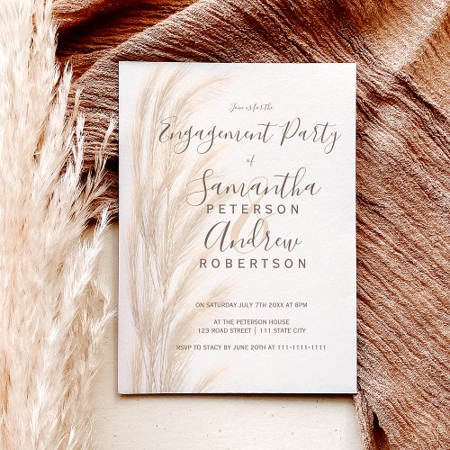 Boho summer pampas grass watercolor engagement invitation