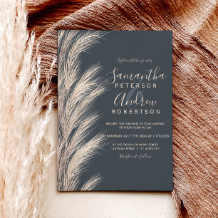Boho summer pampas grass watercolor gray wedding invitation
