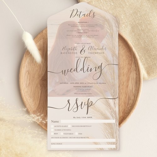 Boho summer pampas grass watercolor photo wedding all in one invitation