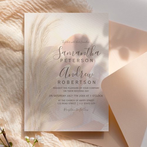 Boho summer pampas grass watercolor photo wedding invitation