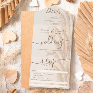 Boho summer pampas grass watercolor wedding  all in one invitation