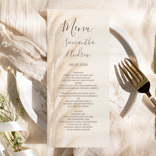 Boho summer pampas grass watercolor wedding  menu