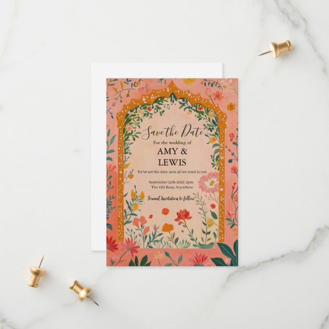 Boho Summer Pink Floral Save the Date Invitation (Front/Back In Situ)