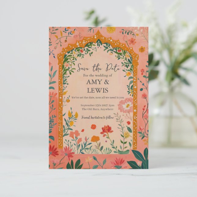 Boho Summer Pink Floral Save the Date Invitation (Standing Front)