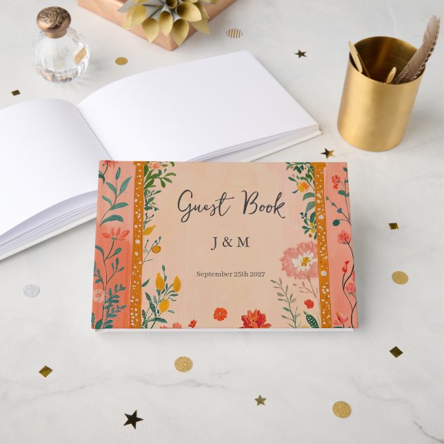 Boho Summer Pink Floral Wedding Guest Book (Front Open)