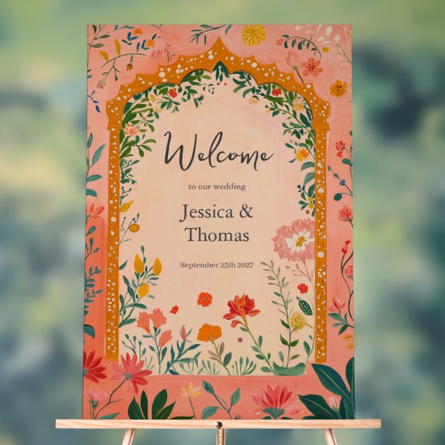 Boho Summer Pink Floral Wedding Welcome Acrylic Sign (Neutral)