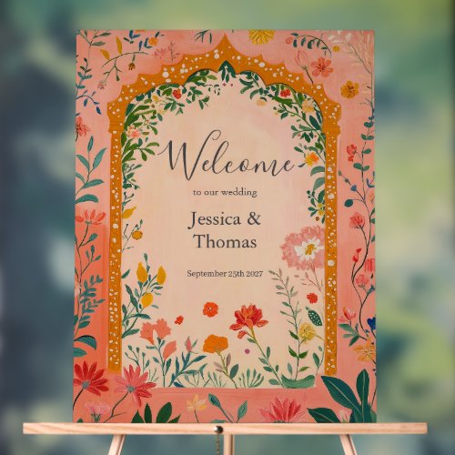 Boho Summer Pink Floral Wedding Welcome Acrylic Sign