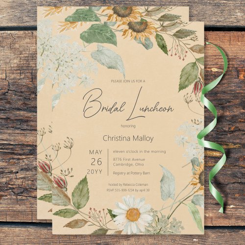 Boho Summer Sunflower  Daisy Gold Bridal Luncheon Invitation