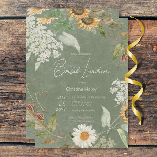 Boho Summer Sunflower & Daisy Green Bridal Lunch Invitation